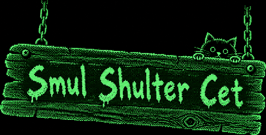 A crooked wooden sign reading Smul Shulter Cet, a kitten peeking over the top